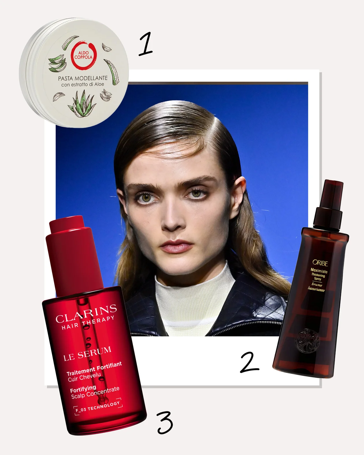1. Моделирующая паста с экстрактом алоэ, ALDO COPPOLA; 2. Спрей для объема волос, Oribe; 3. Укрепляющая сыворотка для волос и кожи головы Le Serum Fortifying Scalp Concentrate, Clarins Hair Therapy