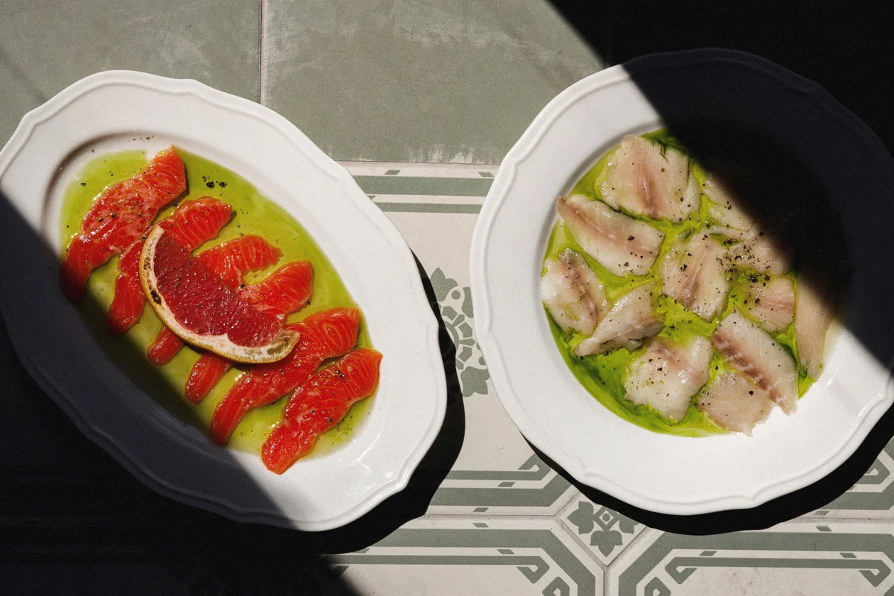 Крудо из сибаса, лимон, зеленое масло и круто из лосося, оливковое масло. грейпфрут