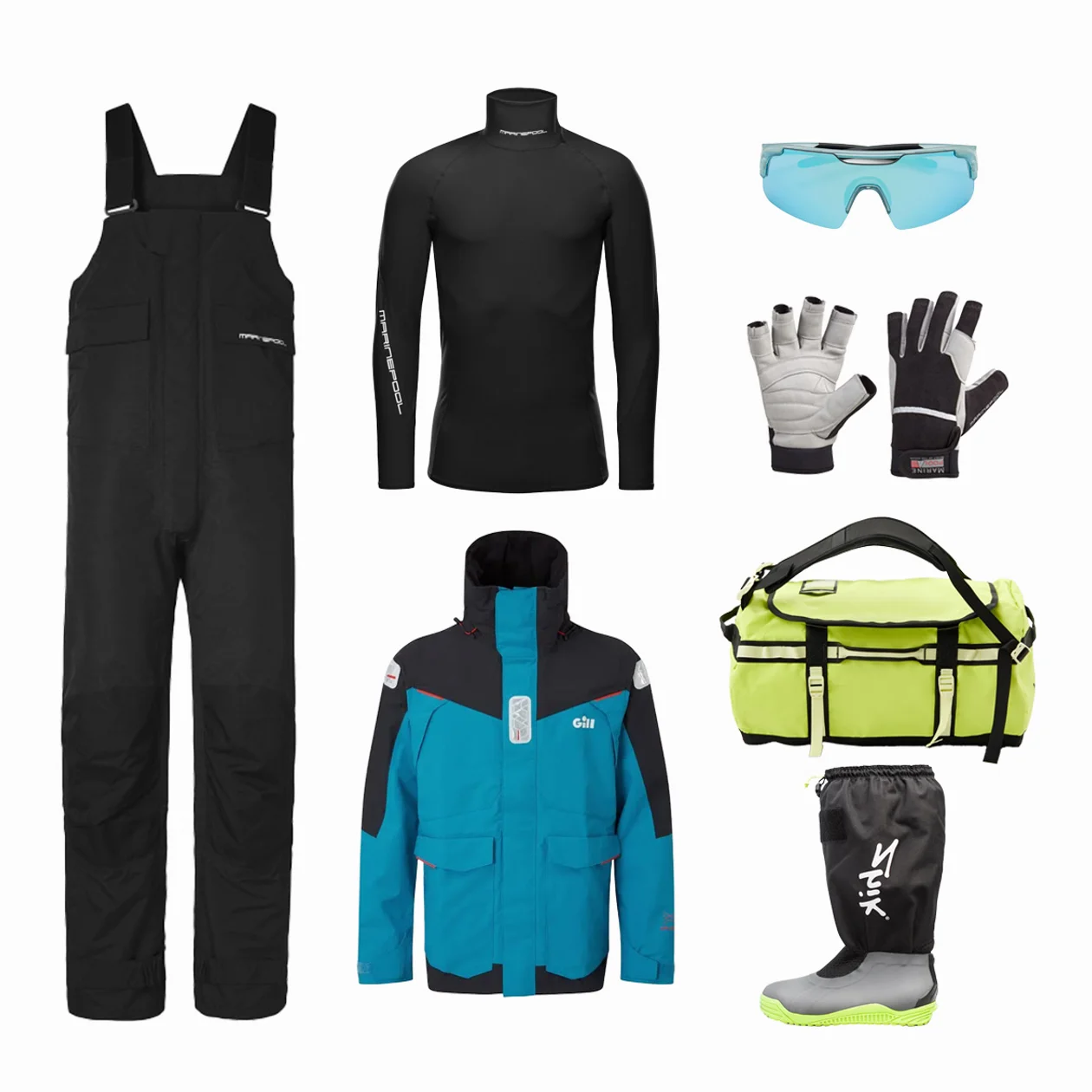Комбинезон, лонгслив, перчатки Marinepool, Fashion marine; куртка Gill, сапоги Zhik, Sailwear, сумка The North Face; очки Moaxsport, Lamoda