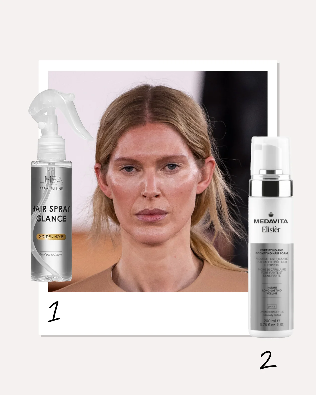 1. Спрей для волос Premium Line Spray Glance Golden Hour, Limba Cosmetics; 2. Уплотняющий мусс для волос ELISIER, MEDAVITA
