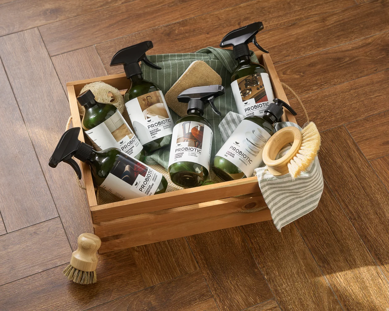 <i>Слева направо: </i>средство для ковров и текстиля, концен­трированное средство для пола, средство для ванной и туалета, универсальный спрей для уборки дома, гель для мытья посуды и спрей для кухни