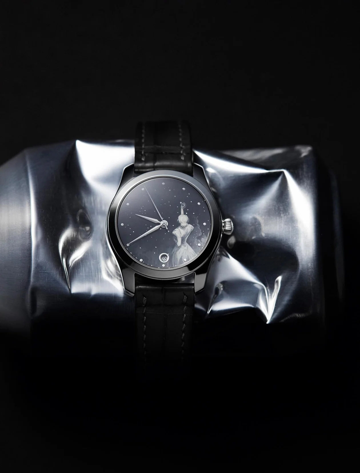 Часы «Дотянуться до звезд» в корпусе из нержавеющей стали на ремешке из кожи аллигатора, Palekh Watch. 