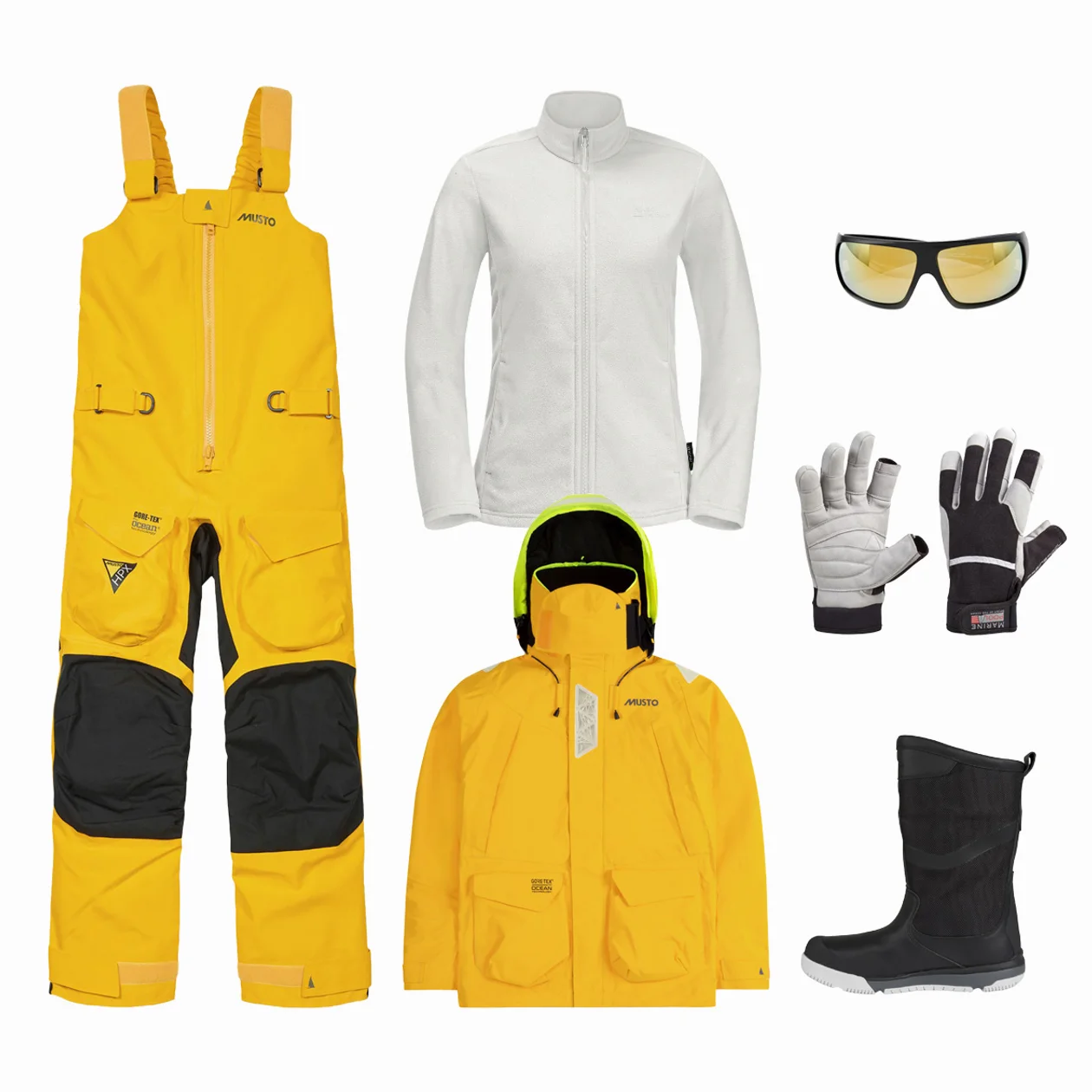 Комбинезон, куртка и ботинки Musto; флисовый джемпер Jack Wolfskin, Arctic zone; перчатки Marinepool, Fashion marine;<strong> </strong>очки Lip, Lamoda