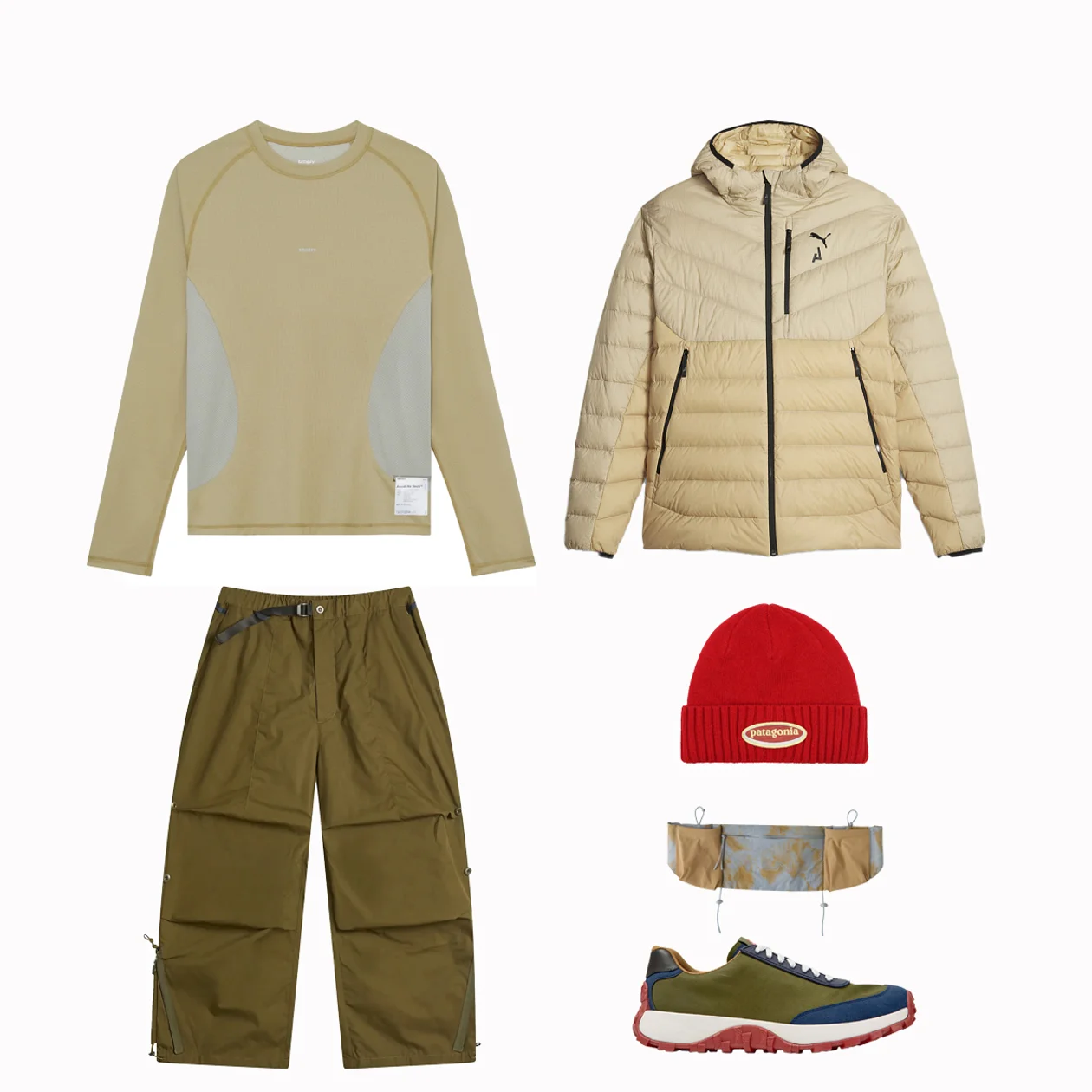 брюки Poliquant, лонгслив Satisfy AuraLite , куртка Puma, шапкв Patagonia,  сумка SHU, кроссовки Camper