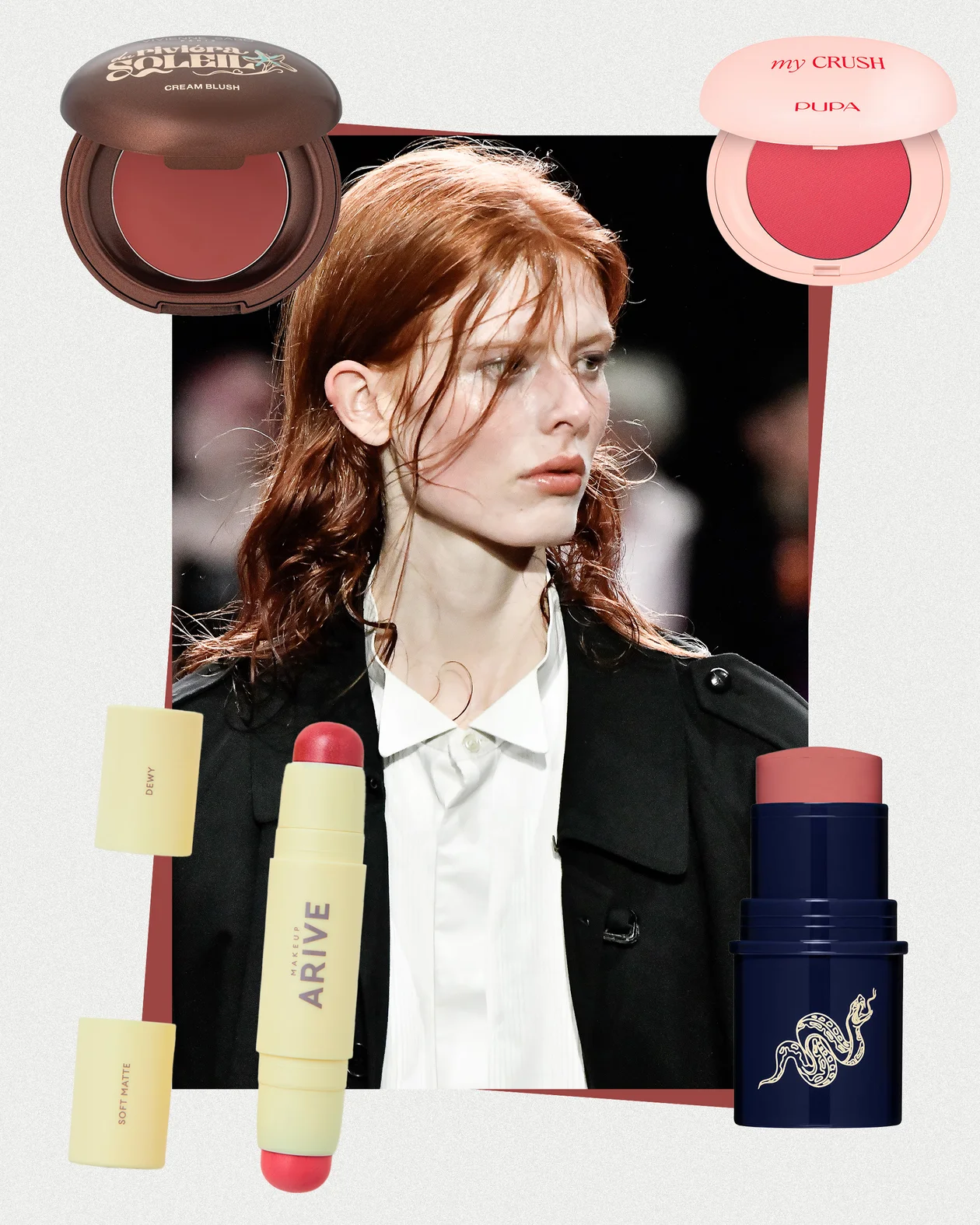 1.Румяна в стике Cheeky Devil, SHU 2. Двойные румяна в стике Duo Blush Stick Soft Matte &amp; Dewy, Arive Makeup 3. Румяна для губ и щек  My Crush Blush Lip &amp; Cheek Irresistible Softness, PUPA Milano 4. Кремовые румяна Riviera du Soleil Cream Blush, VIVIENNE SABO