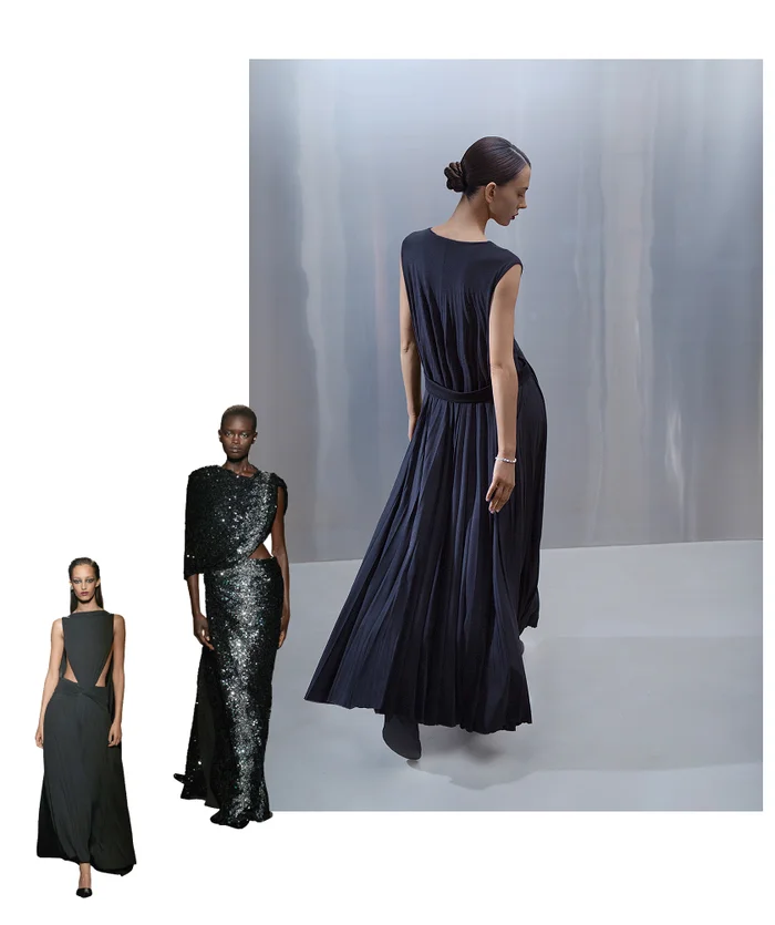 На модели: платье из вискозы, 66 200 руб., SPORTMAX, BOSCO; кожаные сапоги, 46 990 руб., HOGL; браслет, 8 204 600 руб., и серьги, 1 398 100 руб., из белого золота с бриллиантами, ALROSA DIAMONDS. Оба подиумных образа: BALENCIAGA.