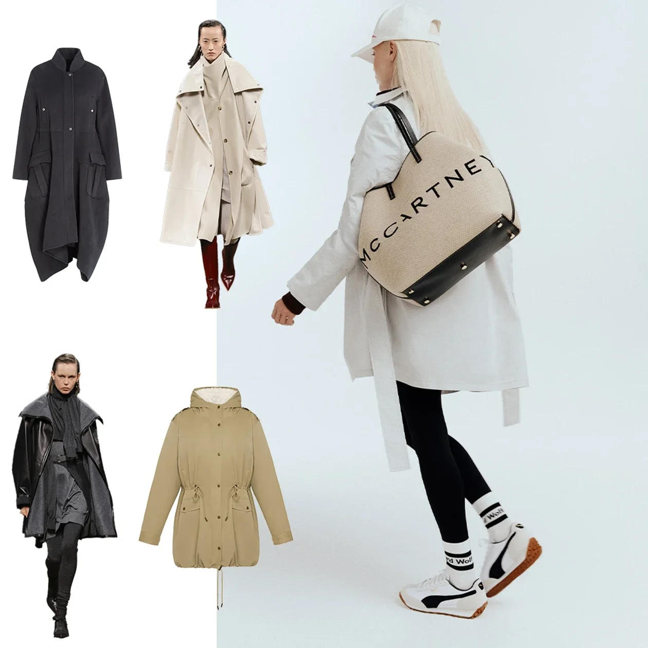 На коллаже: пальто Diego M; образы Hermès; парка Yana. Справа: плащ, Diego M;  легинсы, Falke; сумка, Stella McCartney, ЦУМ; кроссовки, Puma, Rendez-vous;  бейсболка, Salomon; носки, Wolford
