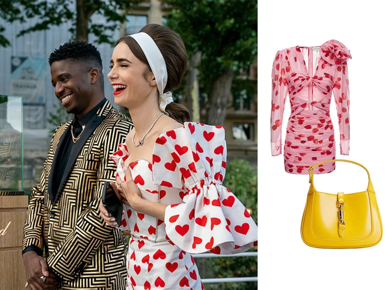 Слева: Кадр из сериала «Эмили в Париже». Справа: платье Magda Butrym, сумка Jackie, Gucci