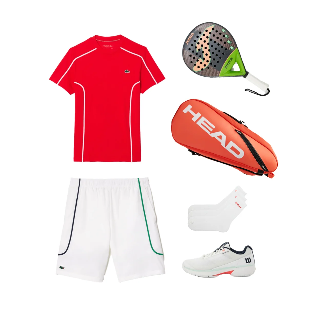 Футболка и шорты Lacoste, <span style="background-color:transparent;color:#000000;">«</span>Азбука ракеток»; падел-ракетка Joma; сумка Head; носки и кроссовки Wilson, Lamoda