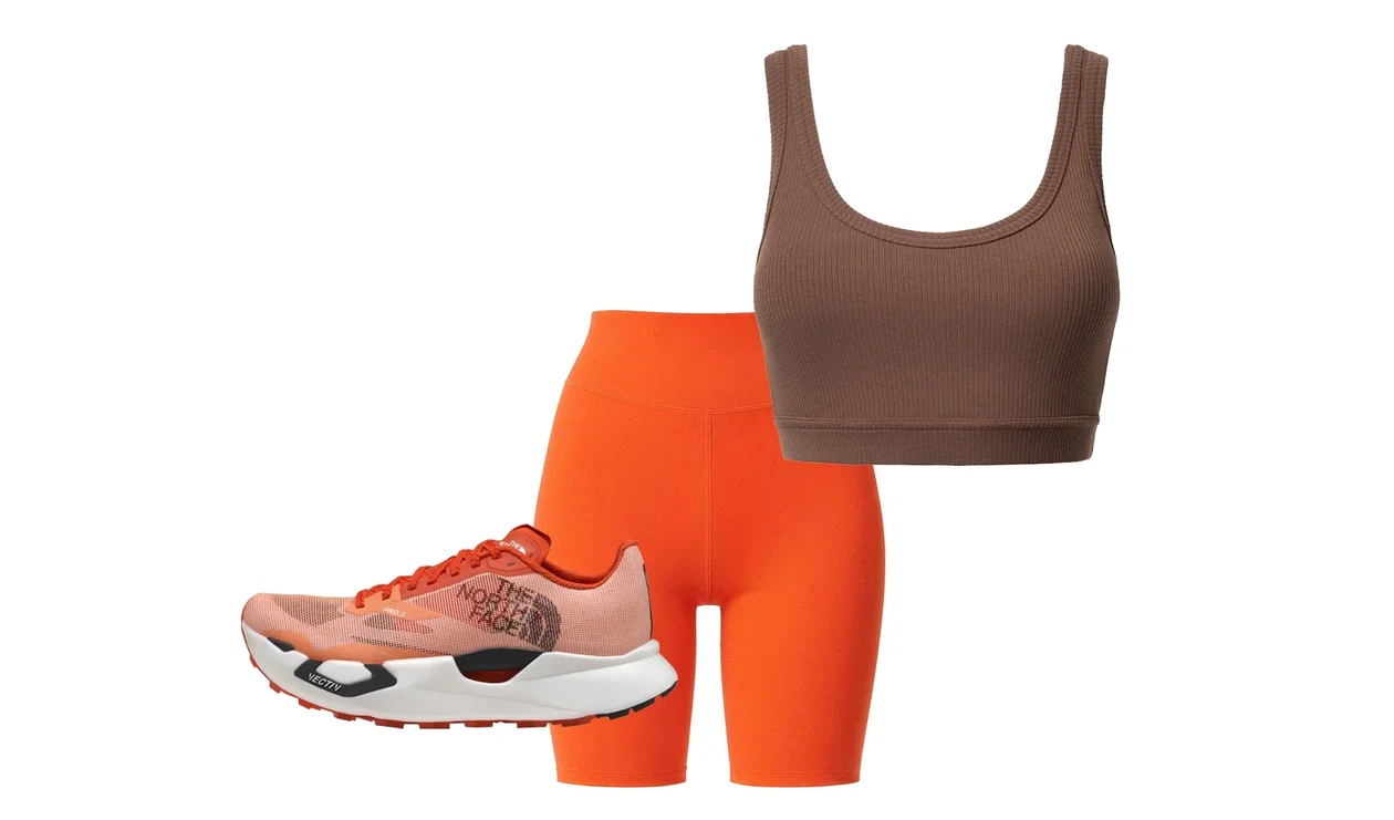 шоколадный топ Onit Fit,спортивные велосипедки с высокой посадкой томатные Belle you,кроссовки The north face