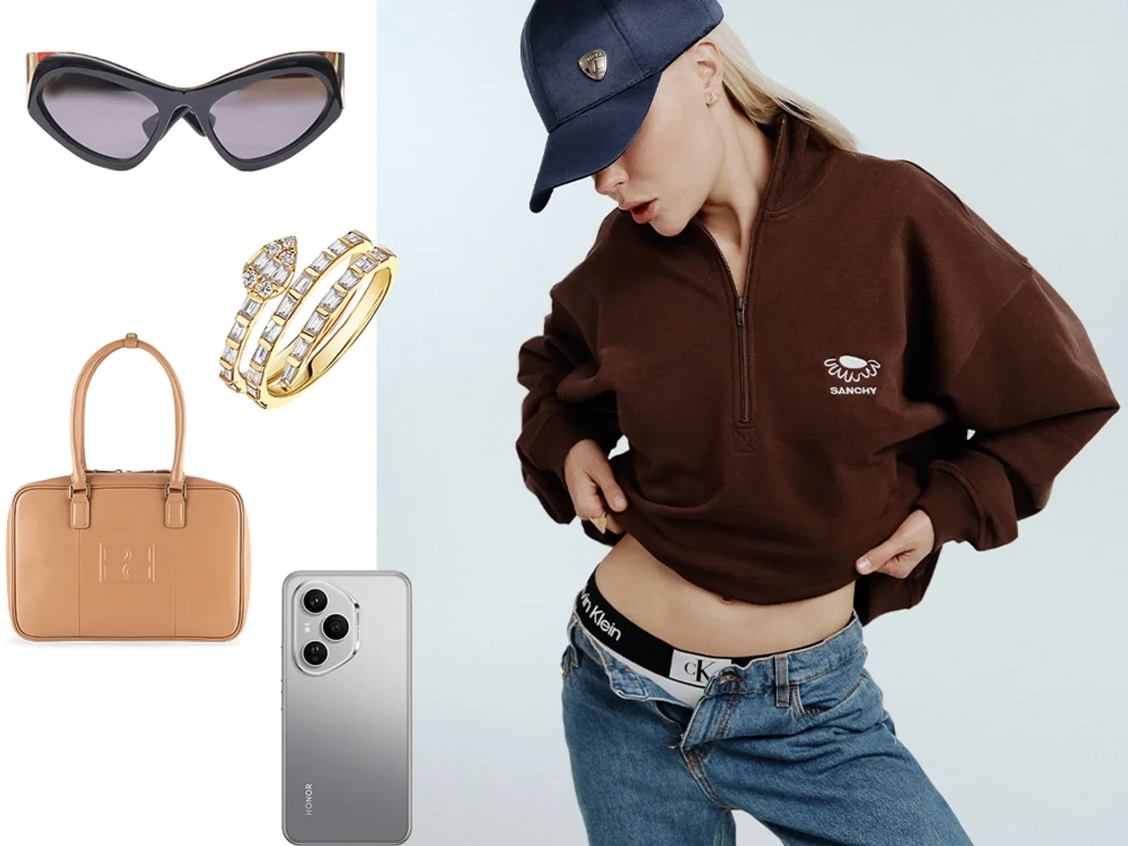 На коллаже: солнцезащитные очки, Sportmax, Bosco; кольцо из желтого золота с бриллиантами огранки «багет», Yana; кожаная сумка, Högl; смартфон, Honor 400 Pro. Справа: толстовка, Sanchy; джинсы, Etro, Bosco; бейсболка, Anta; трусы, Calvin Klein, Rendez-Vous