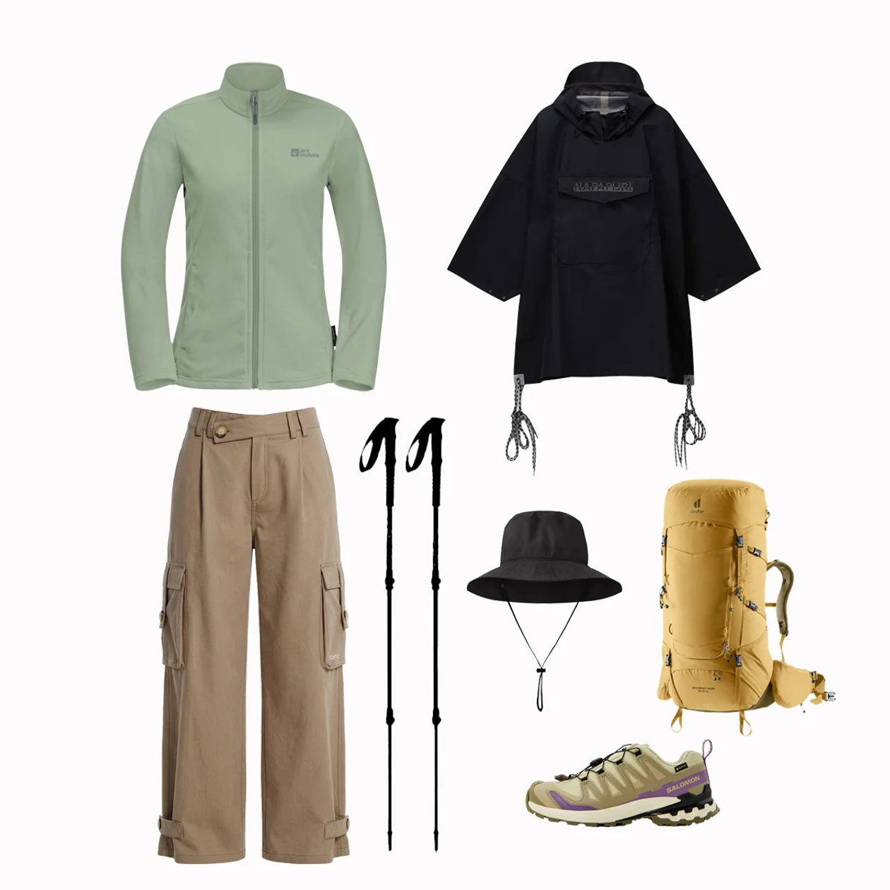 анорак Napapijri, панама SHU, джемпер Jack Wolfskin, рюкзаком Deuter, палки Viking, кроссовки Salomon