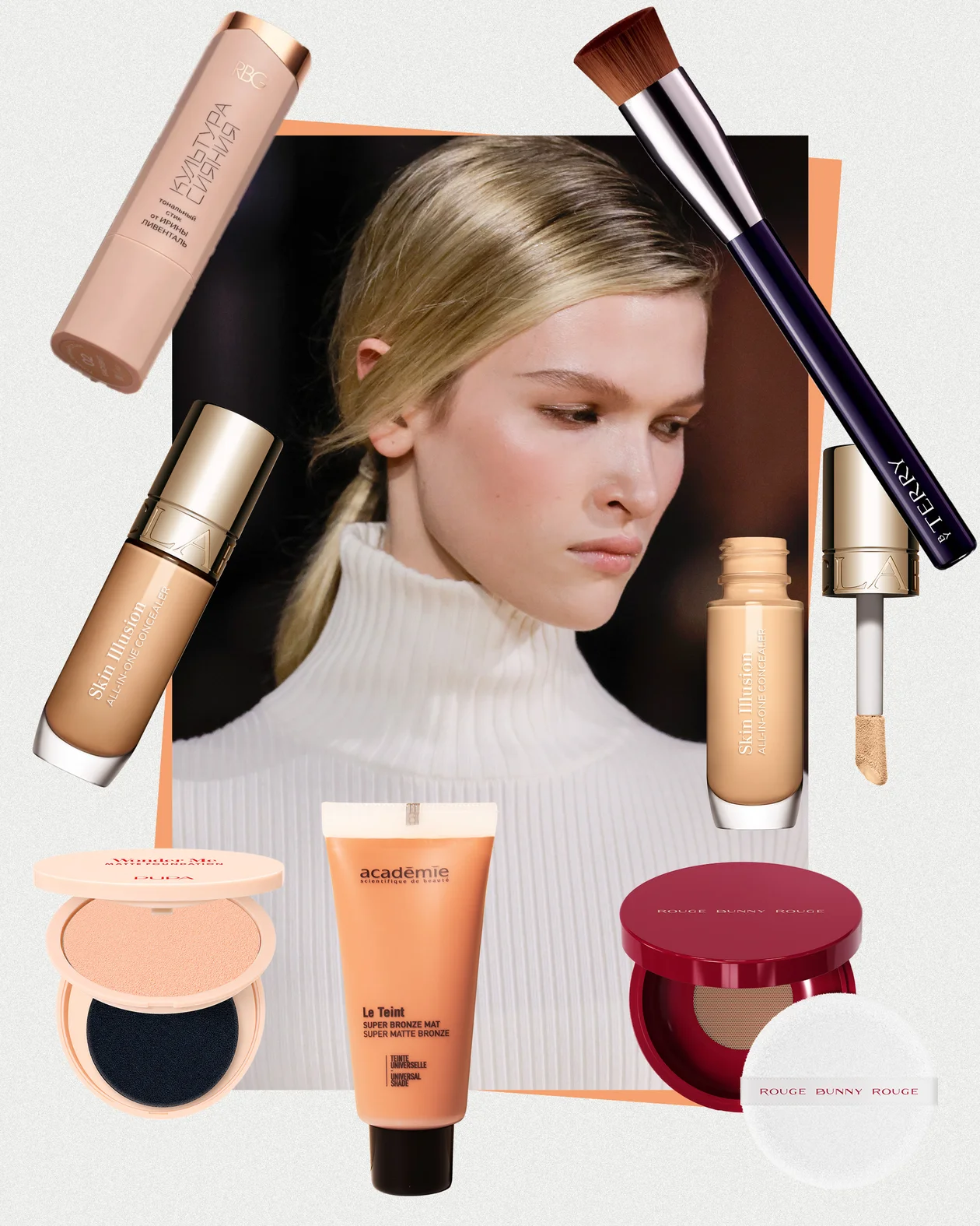 1.Тональная основа для лица с матовым финишем Wonder Me Matte Foundation, PUPA Milano 2. Бронзирующий флюид с матирующим эффектом Super Bronze Mat, Academie 3. Тональный стик "Культура сияния", RBG 4. Рассыпчатая выравнивающая пудра Blur Mineral Loose Powder, Rouge Bunny Rouge  5. Универсальный консилер для лица с гиалуроновой кислотой и кофеином Skin Illusion All-in-One Concealer, Clarins  6. Кисть для тональной основы Pinceau Pochoir, BY TERRY