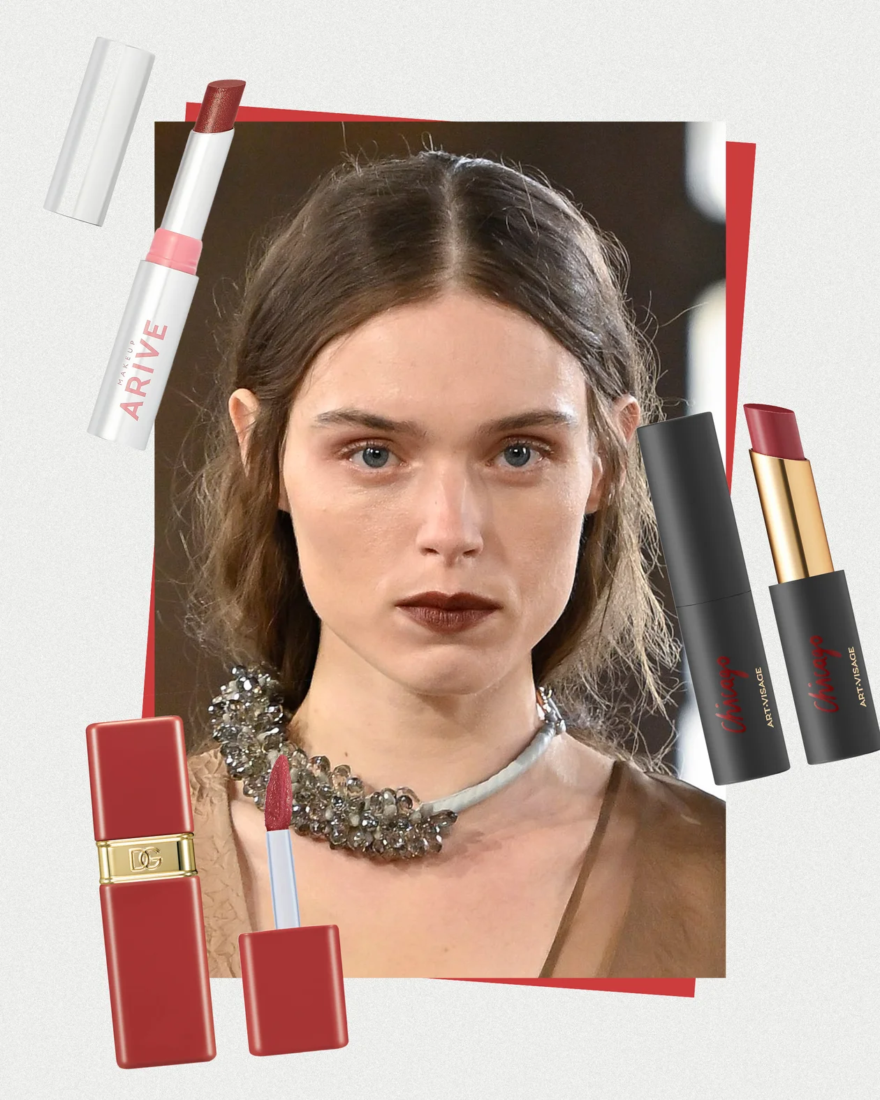 1. Атласная помада Iconic Kiss, Arive Makeup 2. Увлажняющий тинт для губ Rose Dew Lip Bite Dolce &amp; Gabbana 3.  Кремовая губная помада с глянцевым финишем Chicago, Art-Visage