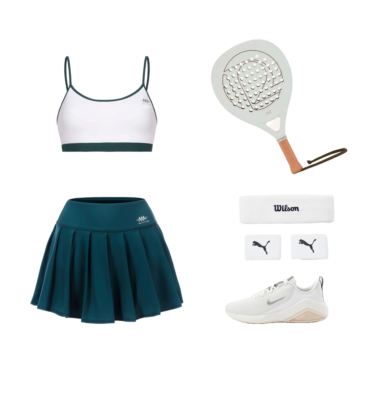 Топ и юбка с шортами Sport Angel; кроссовки Nike; напульсники Puma, Lamoda; падел-ракетка 12 Storeez