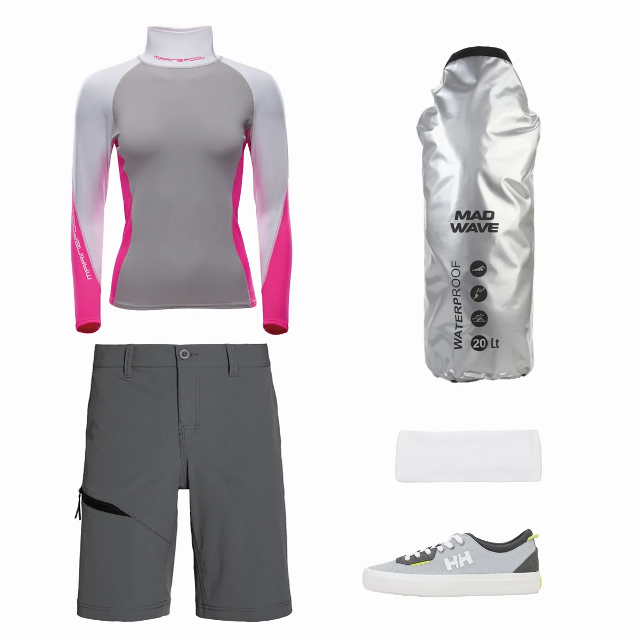 Водолазка и шорты Marinepool, Fashion marine; кеды Helly Hansen Backshore, повязка на голову Garaya, гермомешок Mad Wave, Lamoda