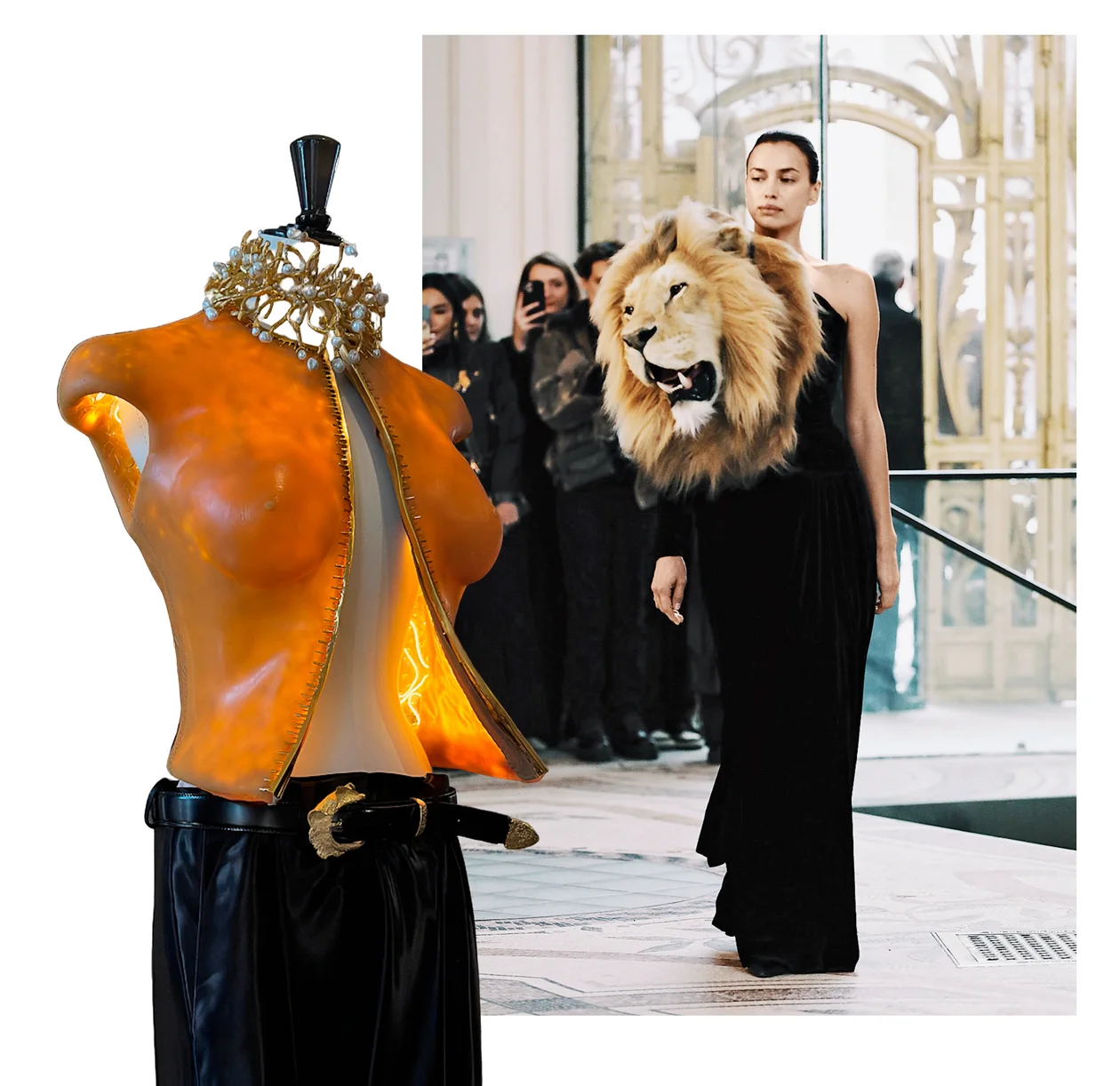 Слева: Из коллекции «Зов пустоты» Schiaparelli Haute Couture осень–зима 2026/2027. Справа,: Ирина Шейкна показе Schiaparelli Haute Couture, весна–лето 2023.