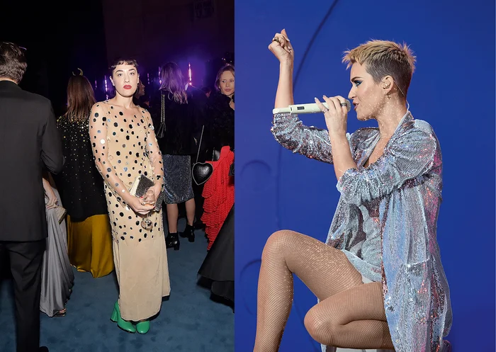 Актриса и диджей Миа Моретти в Walk of Shame, LACMA Art+Film Gala, Лос-Анджелес, 2019. Кэти Перри в Walk of Shame, фестиваль BBC Radio 1's Big Weekend, 2017.