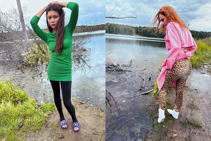 На Ольге: плащ, WALK OF SHAME, весна–лето 2015; джинсы, BLUMARINE. На Соне: платье, WALK OF SHAME, весна–лето 2015; легинсы, GUCCI; шлепанцы, ТК «САДОВОД»; серьги, DIOR