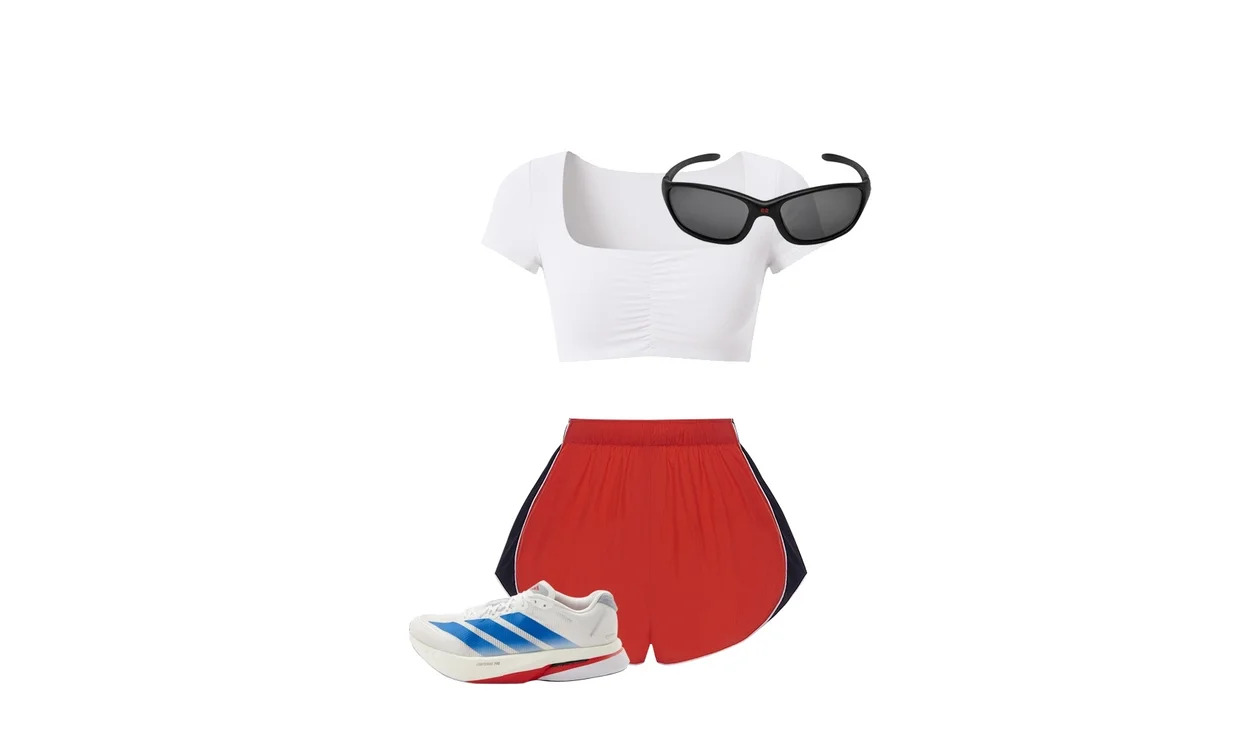 Топ белый Still Life,шорты со шнурком ATHLEISURE,rроссовки Adidas ADIZERO BOSTON 13,oчки BUBBLE LOGO BLACK
